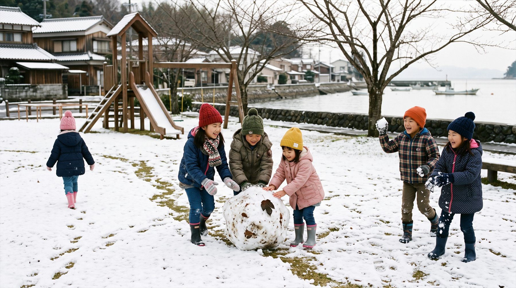 雪の日の公園で雪玉を転がすこどもたち