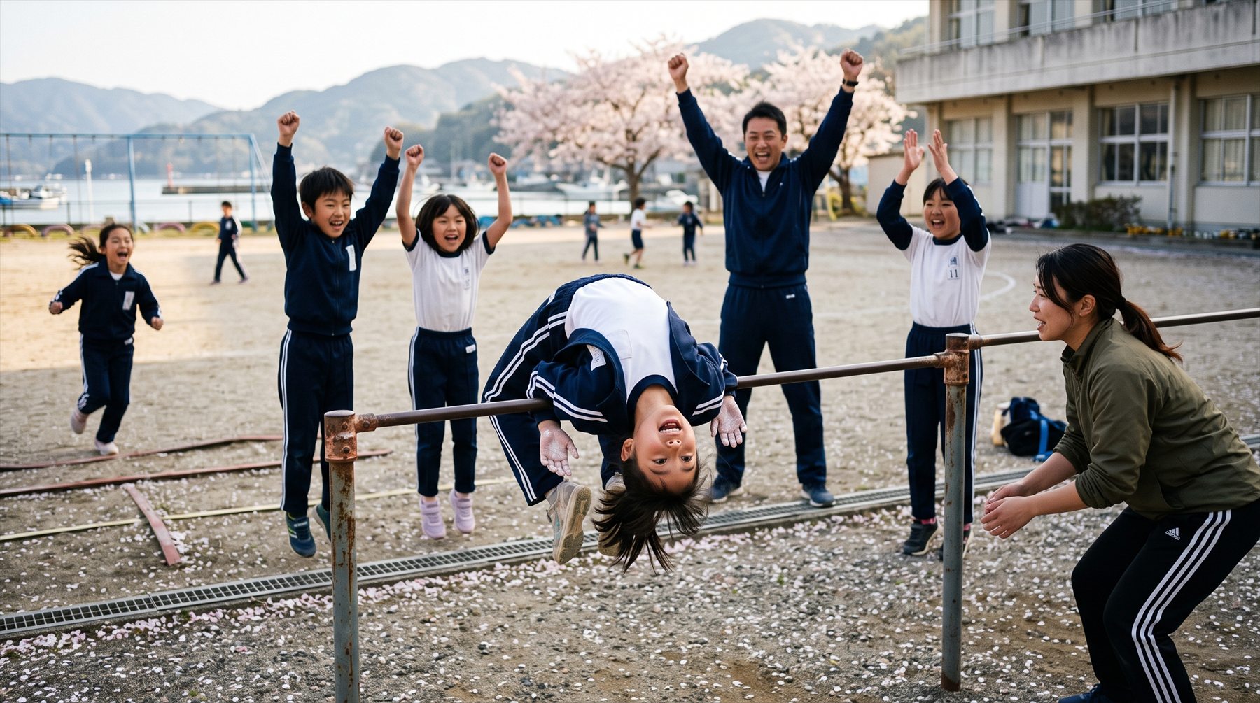 逆上がりができた瞬間、まわりの子が両手を挙げて喜んでいる