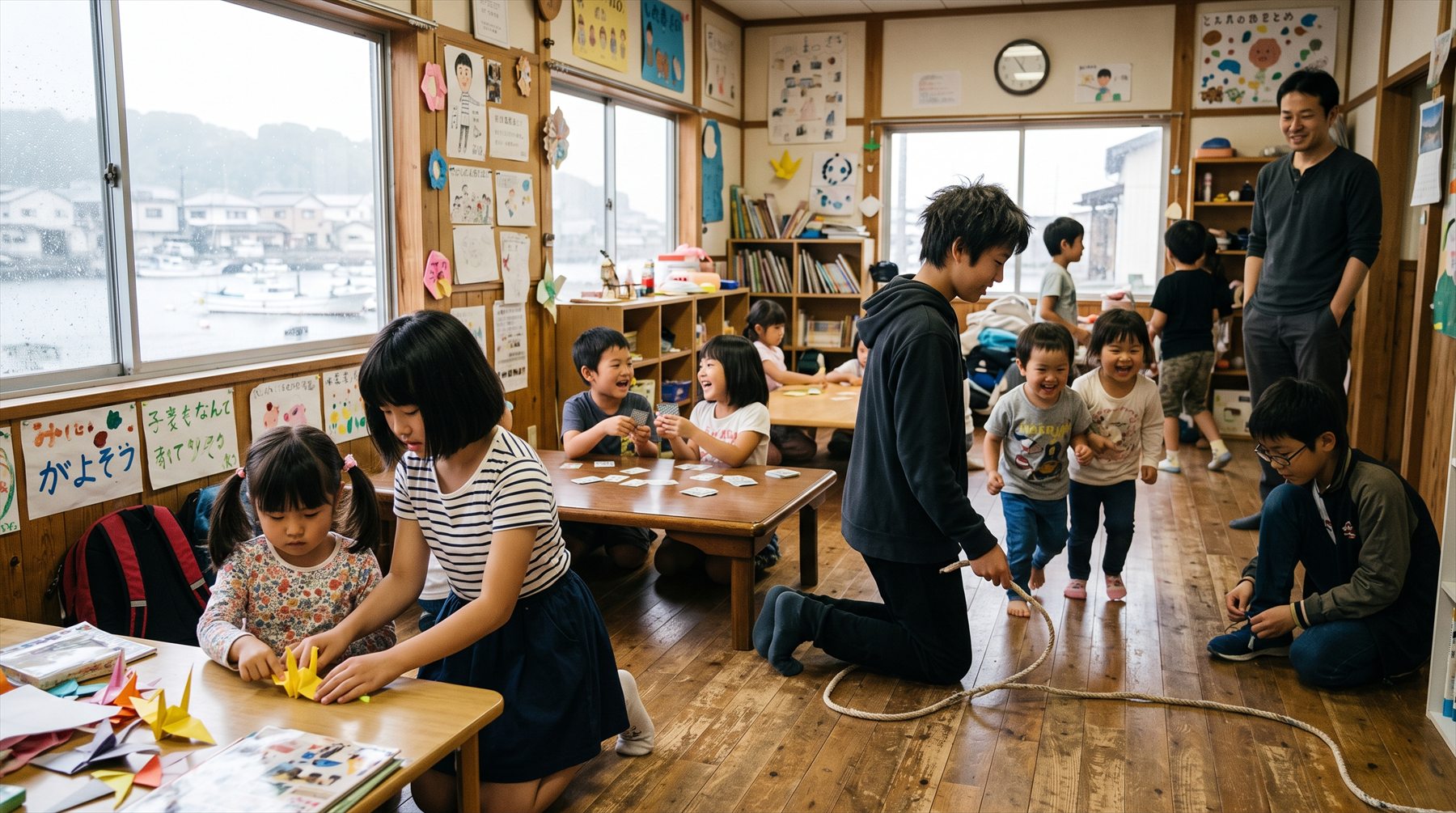 上級生が下級生に折り紙を教えている