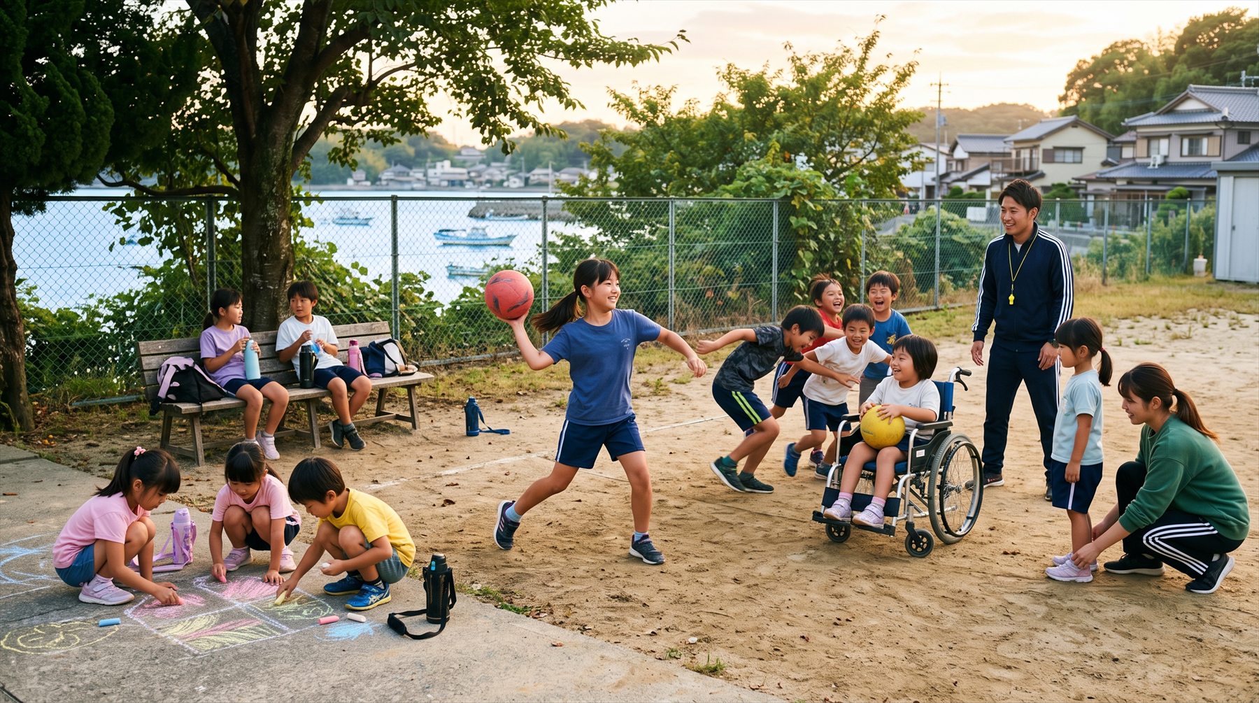 車いすの子も輪の中に入ってドッジボールをしている