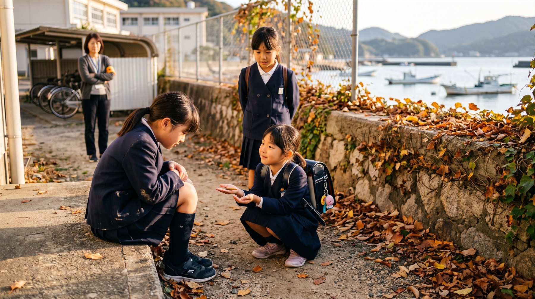 けんかのあと、おやつを差し出して仲直りするこどもたち