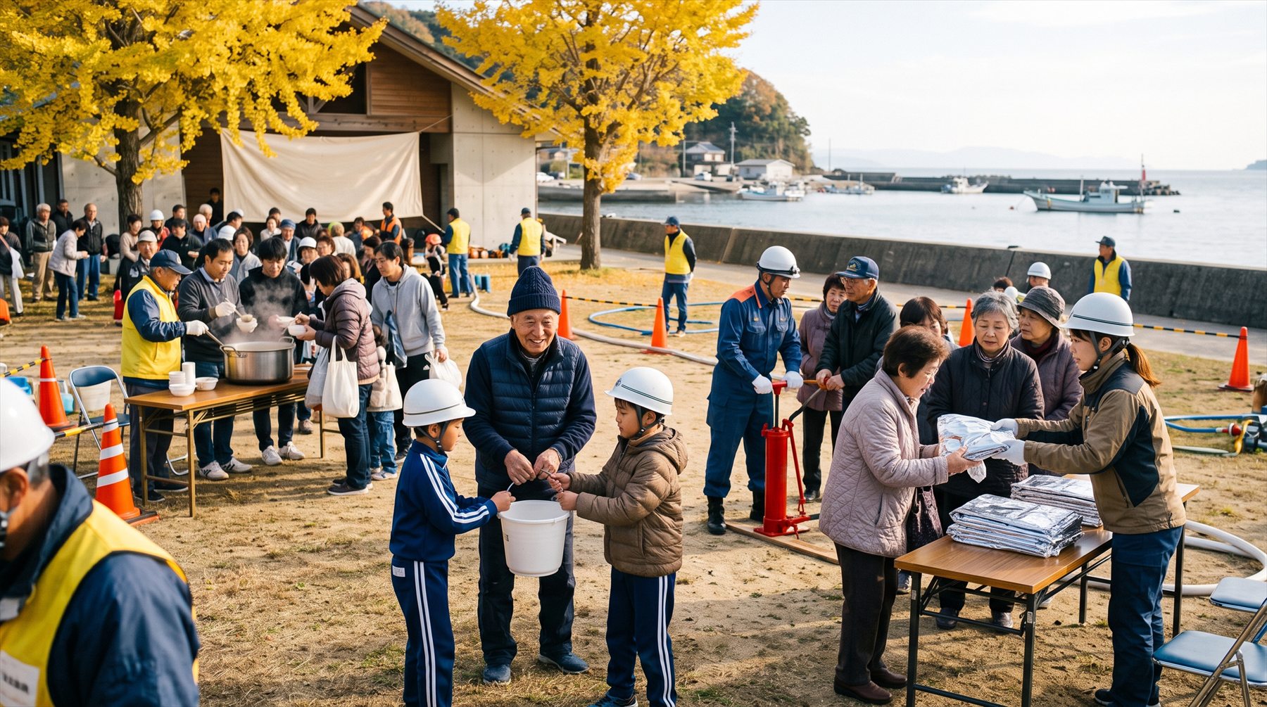 地域の防災訓練でバケツリレーをする住民とこども