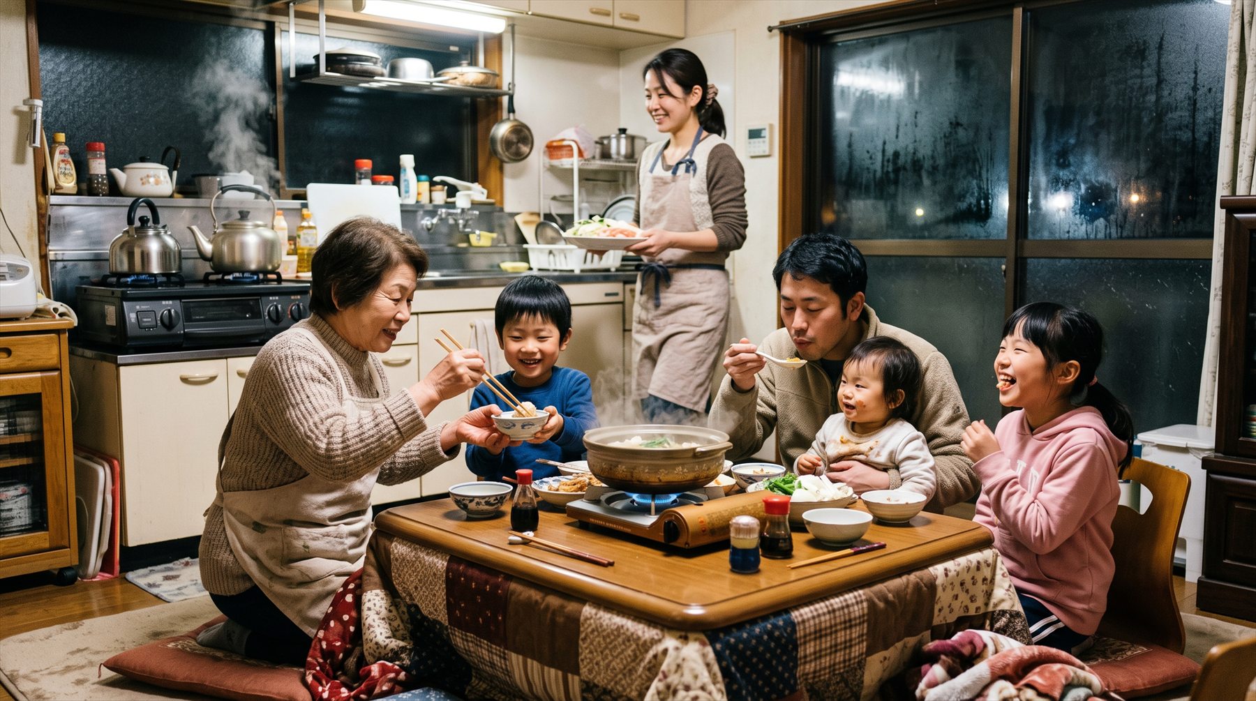 鍋を囲む三世代の家族